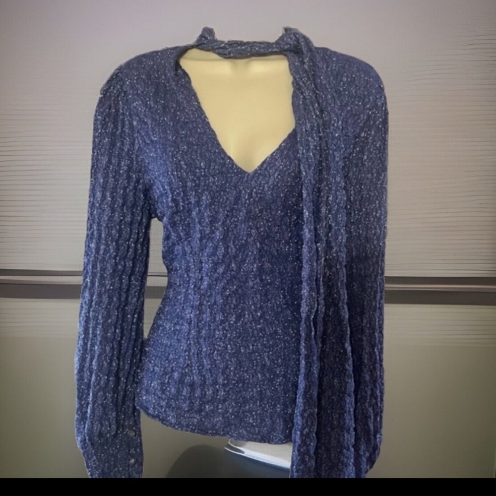 EVA FRANCO Anthropologie Sparkling Blue Long Rose Button Sleeves Neck Tie NWT